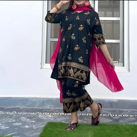 Elephant Print Stitched Dress 2-Piece for Women