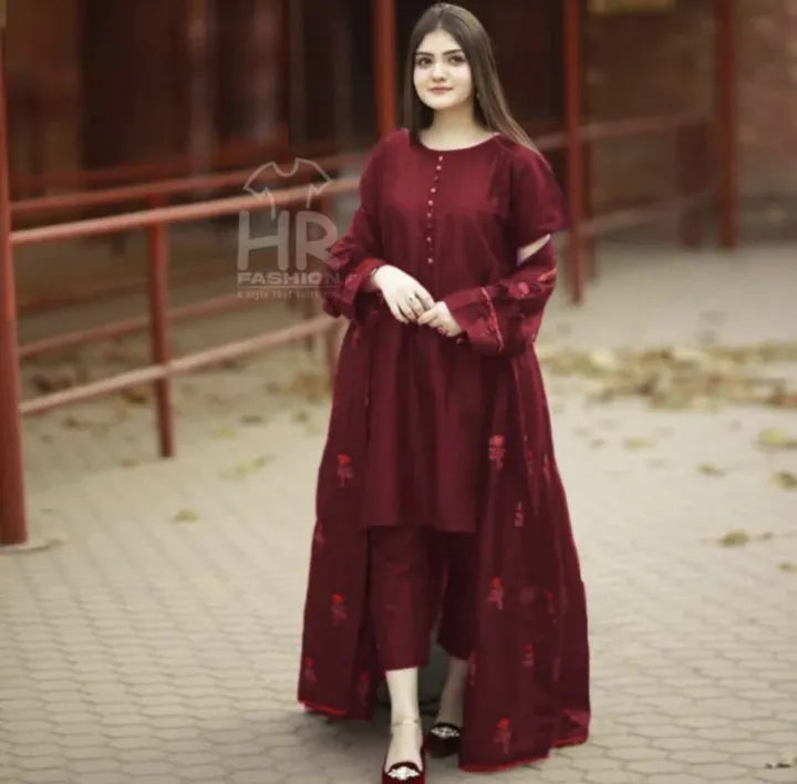 Stylish Silk Embroidered 3-Piece Flower Gown