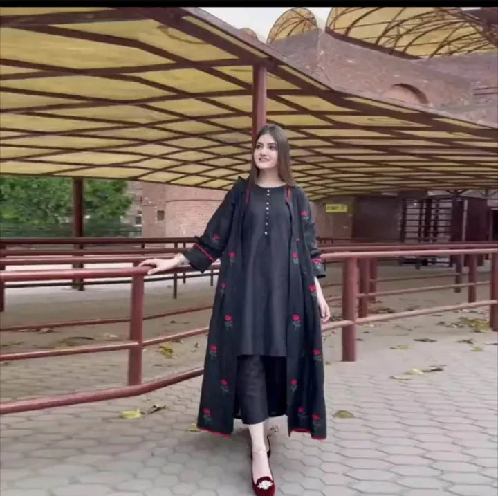 Stylish Silk Embroidered 3-Piece Flower Gown